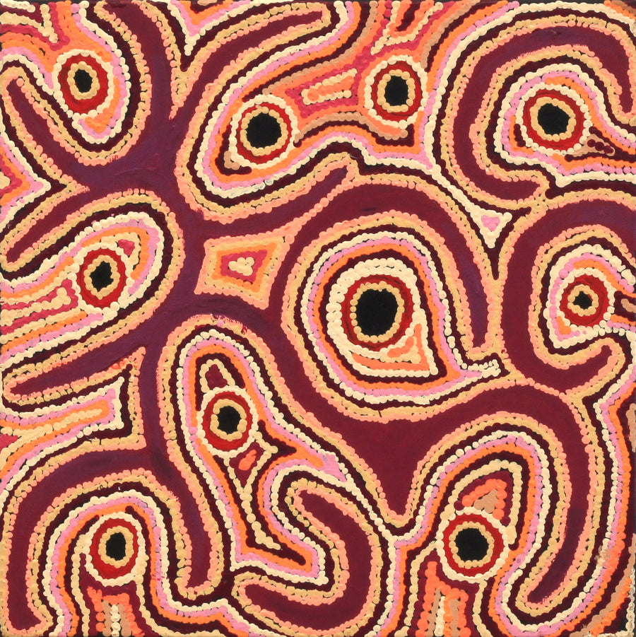 Aboriginal Artwork by Ruth Napaljarri Stewart, Ngatijirri Jukurrpa (Budgerigar Dreaming), 30x30cm