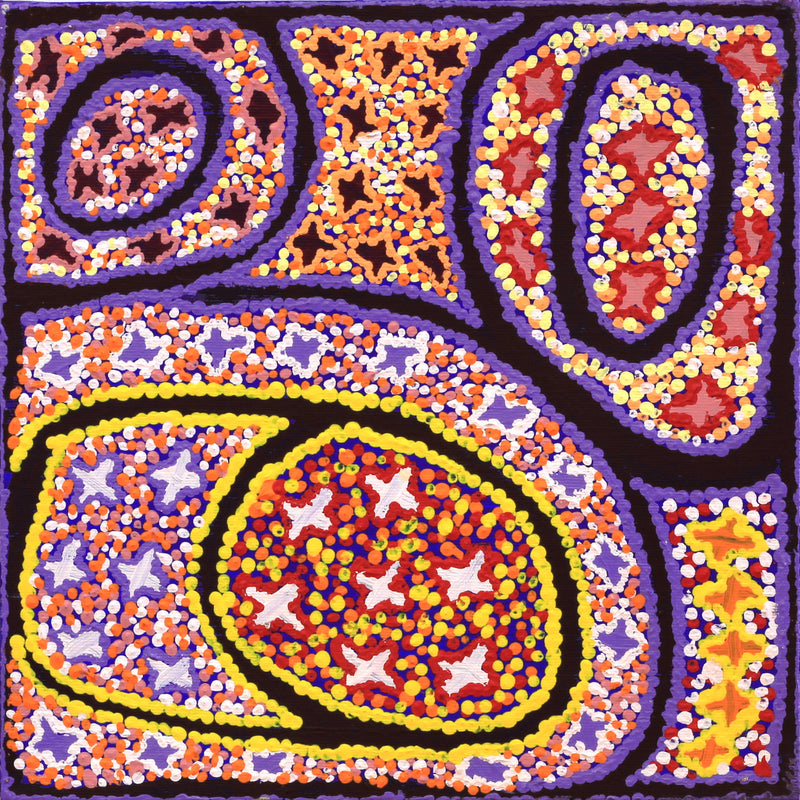 Aboriginal Artwork by Ruth Napaljarri Stewart, Ngatijirri Jukurrpa (Budgerigar Dreaming), 30x30cm