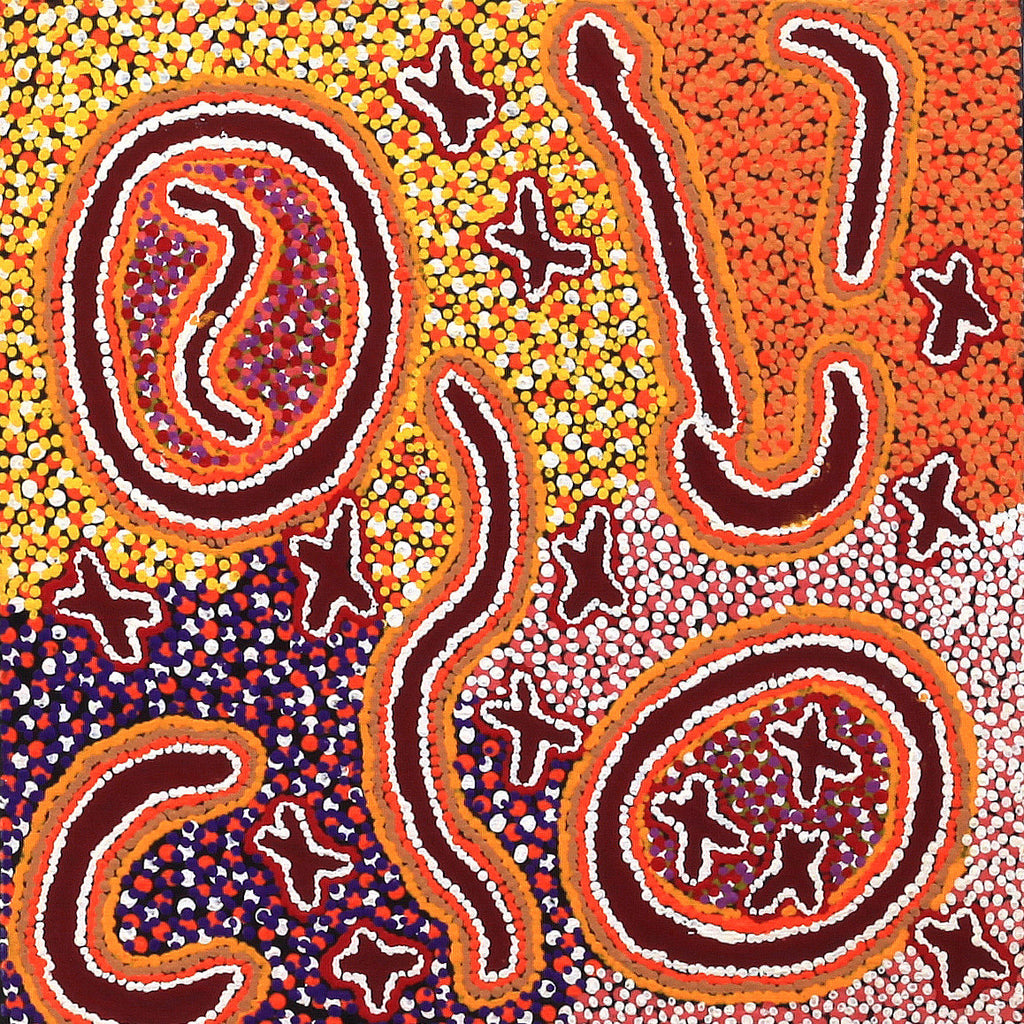 Aboriginal Artwork by Ruth Napaljarri Stewart, Ngatijirri Jukurrpa (Budgerigar Dreaming), 30x30cm