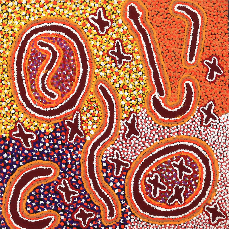 Aboriginal Artwork by Ruth Napaljarri Stewart, Ngatijirri Jukurrpa (Budgerigar Dreaming), 30x30cm