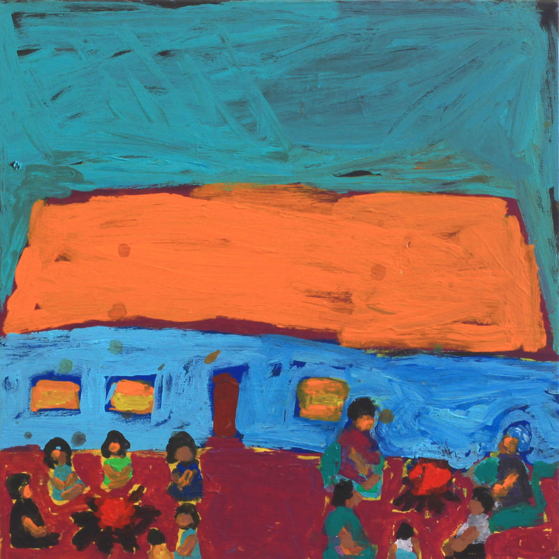 Aboriginal Artwork by Sally M Mulda, Abbott's Camp - all the kungkas sitting around the fire, 40x40cm