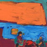 Aboriginal Artwork by Sally M Mulda, Abbott's Camp - all the kungkas sitting around the fire, 40x40cm