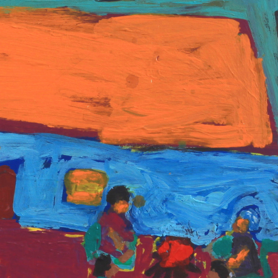 Aboriginal Artwork by Sally M Mulda, Abbott's Camp - all the kungkas sitting around the fire, 40x40cm