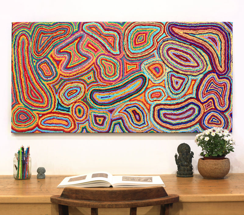 Aboriginal Artwork by Sarah Napaljarri Simms, Pikilyi Jukurrpa (Vaughan Springs Dreaming), 122x61cm