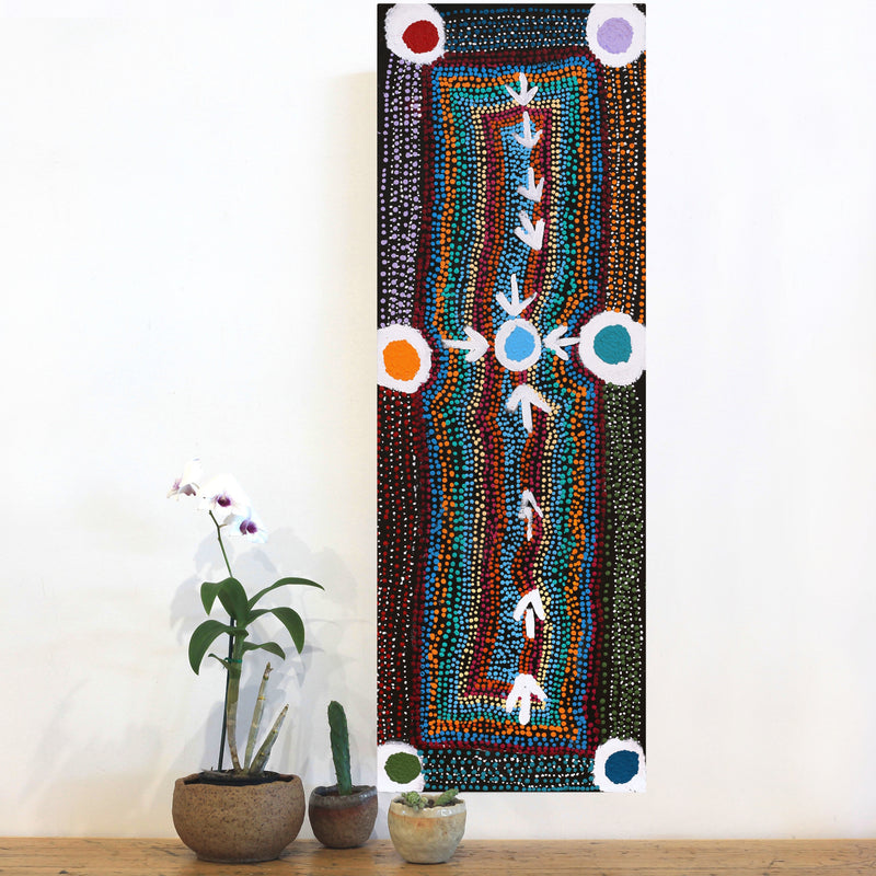 Aboriginal Artwork by Sheree Napurrurla Wayne, Lukarrara Jukurrpa (Desert Fringe-rush Seed Dreaming), 91x30cm