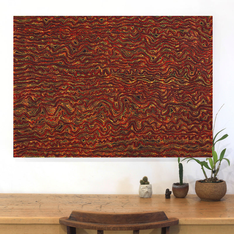 Aboriginal Artwork by Sabrina Nangala Robertson, Ngapa Jukurrpa (Water Dreaming) - Pirlinyarnu, 107x76cm