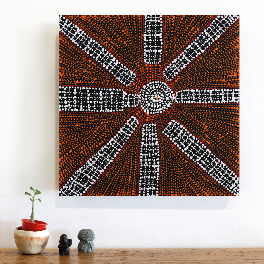 Aboriginal Artwork by Sabrina Nangala Robertson, Ngapa Jukurrpa (Water Dreaming) - Pirlinyarnu, 46x46cm