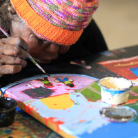 Aboriginal Artwork by Sally M Mulda, Abbott's Camp - all the kungkas sitting around the fire, 40x40cm