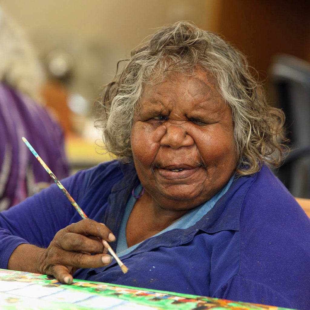 Aboriginal Artwork by Sally M Mulda, Police taking grog at Abbott's Camp, 59x56cm