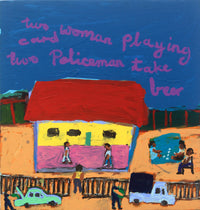 Aboriginal Artwork by Sally M Mulda, Police taking grog at Abbott's Camp, 59x56cm