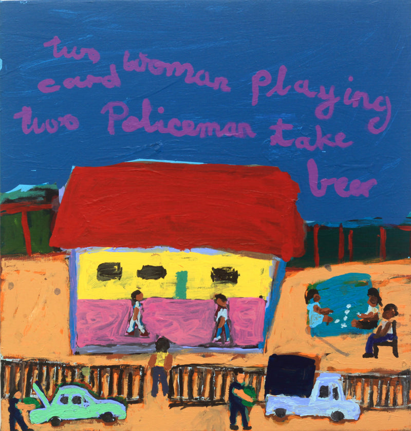 Aboriginal Artwork by Sally M Mulda, Police taking grog at Abbott's Camp, 59x56cm
