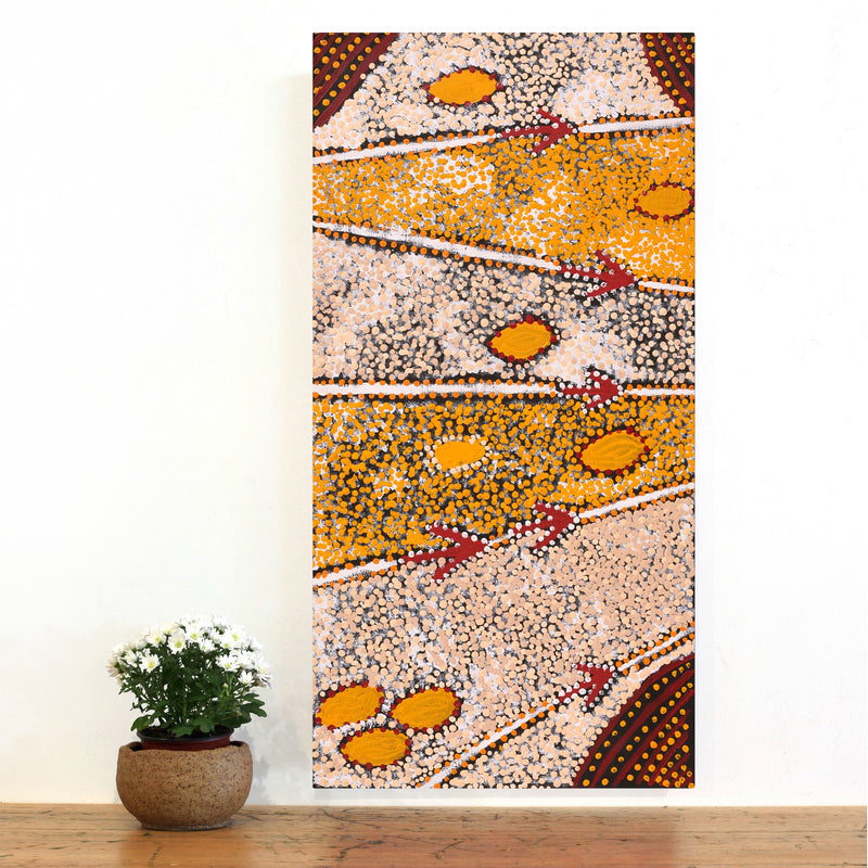 Aboriginal Artwork by Samuel Jampijinpa Collins, Yankirri Jukurrpa (Emu Dreaming), 91x46cm
