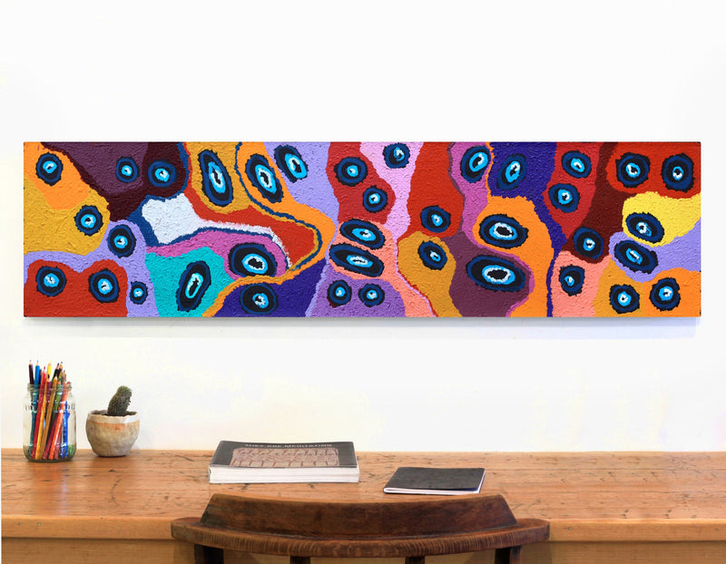 Aboriginal Artwork by Saraeva Napangardi Marshall, Mina Mina Dreaming - Ngalyipi, 122x30cm