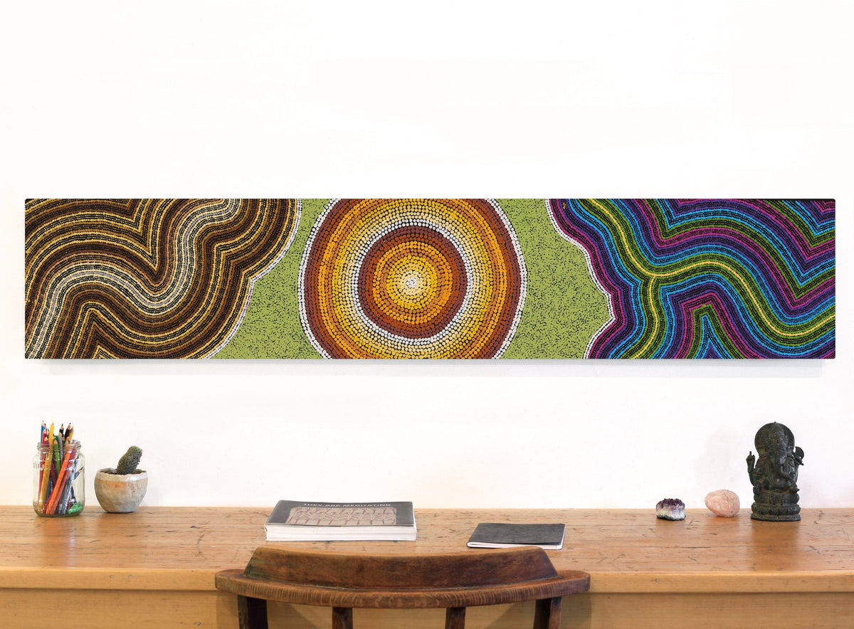 Aboriginal Art by Sarah-Jane Nampijinpa Singleton, Yankirri Jukurrpa (Emu Dreaming) - Ngarlikirlangu, 152x30cm - ART ARK®