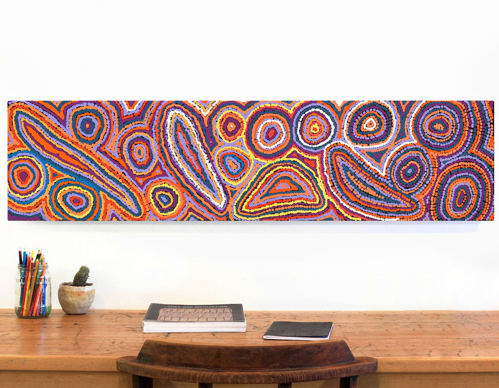 Aboriginal Artwork by Sarah Napaljarri Simms, Mina Mina Jukurrpa - Ngalyipi, 122x30cm