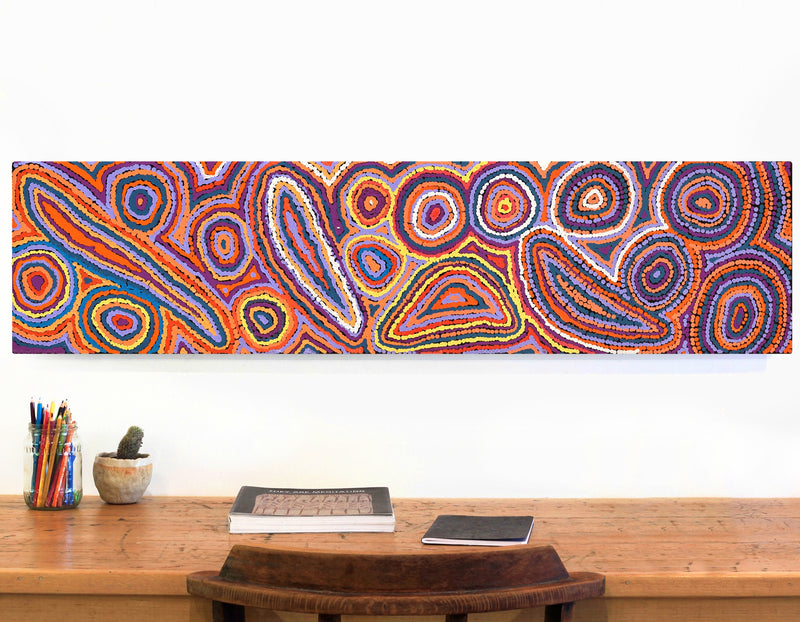 Aboriginal Artwork by Sarah Napaljarri Simms, Mina Mina Jukurrpa - Ngalyipi, 122x30cm