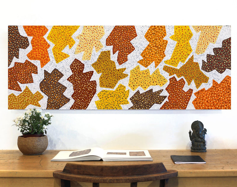 Aboriginal Artwork by Sarah-Jane Nampijinpa Singleton, Yankirri Jukurrpa (Emu Dreaming) - Ngarlikirlangu, 122x46cm