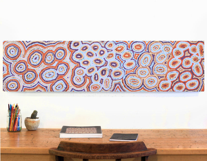 Aboriginal Artwork by Sarah Napaljarri Simms, Mina Mina Jukurrpa, 122x30cm