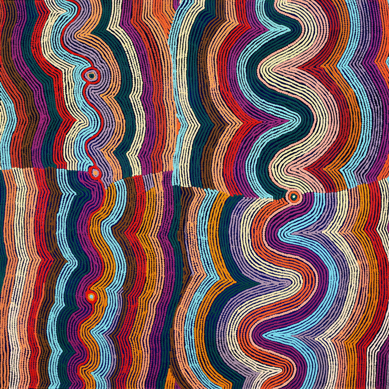 Aboriginal Artwork by Selina Napanangka Fisher, Pikilyi Jukurrpa (Vaughan Springs Dreaming) - Nguri Bird, 107x107cm