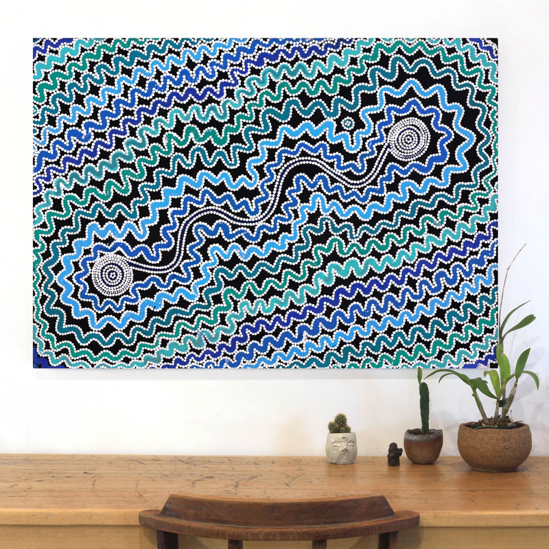 Aboriginal Artwork by Selina Nakamarra Hunter, Ngapa Jukurrpa (Water Dreaming) - Puyurru, 107x76cm