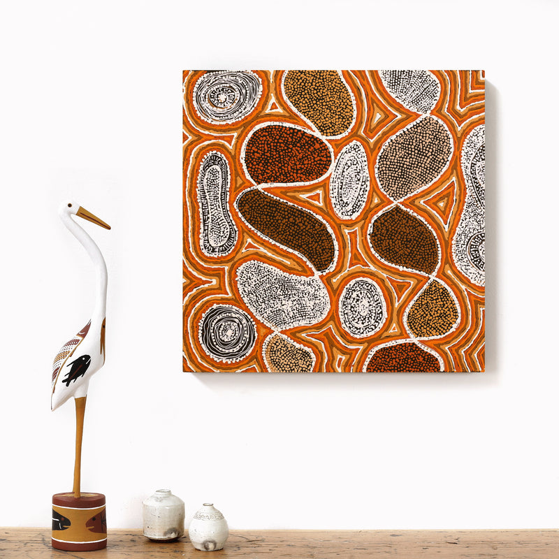 Aboriginal Artwork by Selma Napanangka Tasman, Wanakiji Jukurrpa (Bush Tomato Dreaming), 40x40cm
