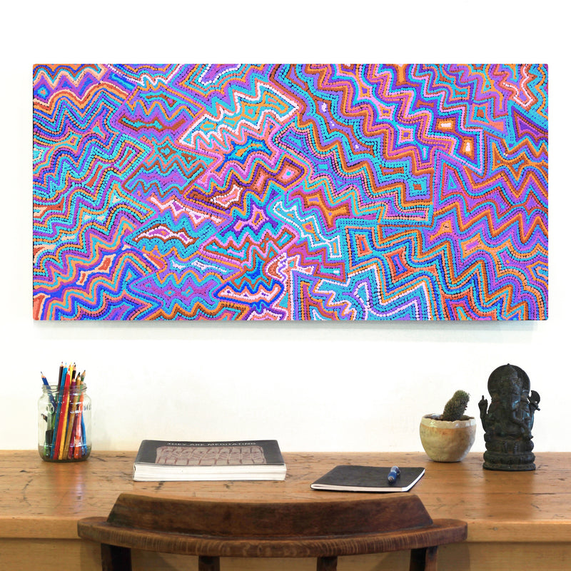 Aboriginal Artwork by Selina Napanangka Fisher, Ngapa Jukurrpa (Water Dreaming) - Puyurru, 91x46cm