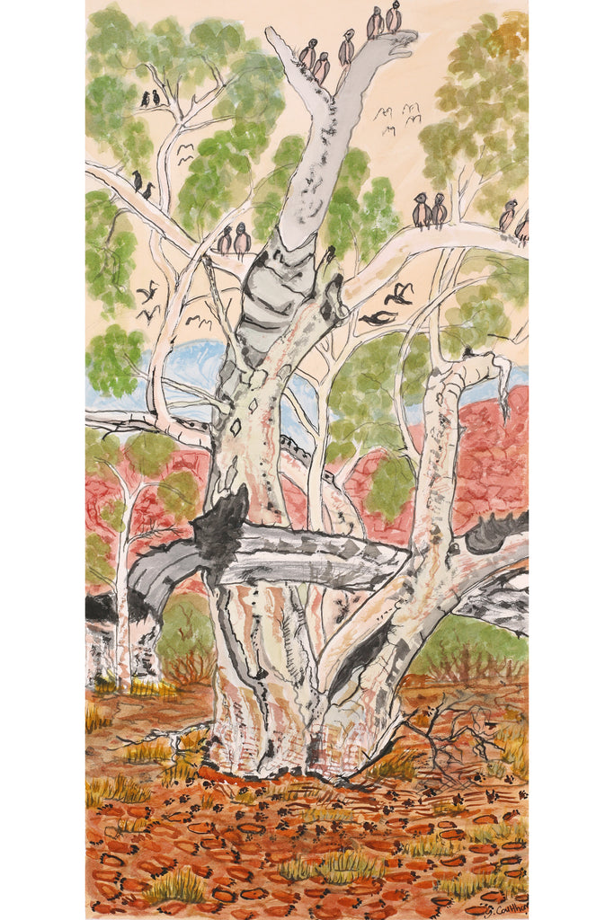 Aboriginal Artwork by Selma Coulthard Nunay, Resting under the Gum Tree in Tempe Down, 51x25cm - ART ARK®