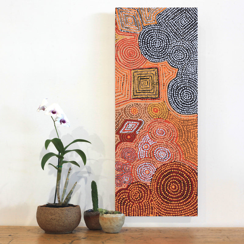 Aboriginal Artwork by Selma Napanangka Tasman, Wanakiji Jukurrpa (Bush Tomato Dreaming), 76x30cm