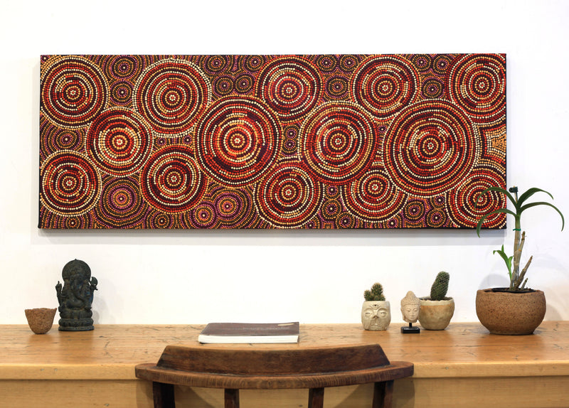 Aboriginal Artwork by Selma Napanangka Tasman, Wanakiji Jukurrpa (Bush Tomato Dreaming), 122x46cm