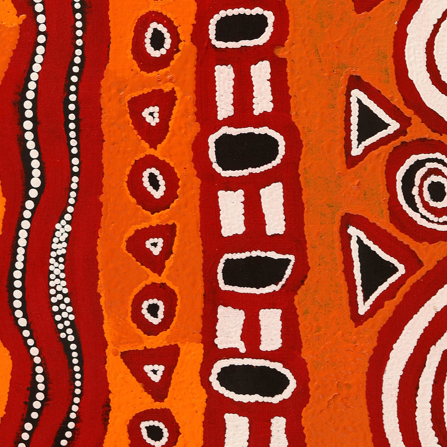 Aboriginal Artwork by Shaimaya Nampijinpa Brown, Luurnpa Jukurrpa (Kingfisher Dreaming) - Lake MacKay, 107x46cm