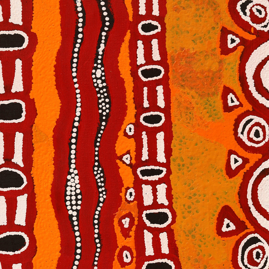 Aboriginal Artwork by Shaimaya Nampijinpa Brown, Luurnpa Jukurrpa (Kingfisher Dreaming) - Lake MacKay, 107x46cm