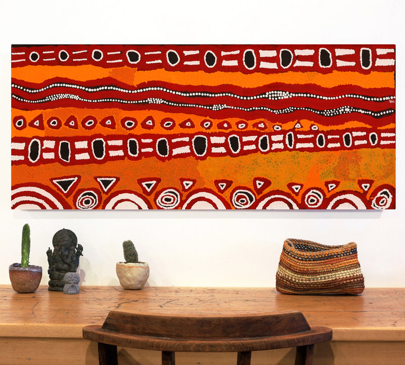 Aboriginal Artwork by Shaimaya Nampijinpa Brown, Luurnpa Jukurrpa (Kingfisher Dreaming) - Lake MacKay, 107x46cm