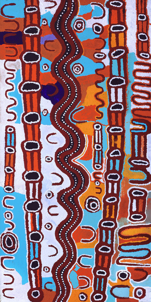 Aboriginal Artwork by Shaimaya Nampijinpa Brown, Luurnpa Jukurrpa (Kingfisher Dreaming) - Lake MacKay, 122x61cm