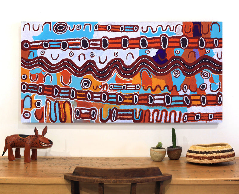 Aboriginal Artwork by Shaimaya Nampijinpa Brown, Luurnpa Jukurrpa (Kingfisher Dreaming) - Lake MacKay, 122x61cm