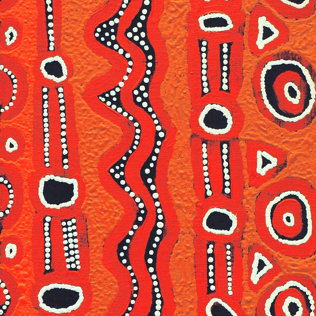 Aboriginal Artwork by Shaimaya Nampijinpa Brown, Luurnpa Jukurrpa (Kingfisher Dreaming) - Lake MacKay, 107x30cm