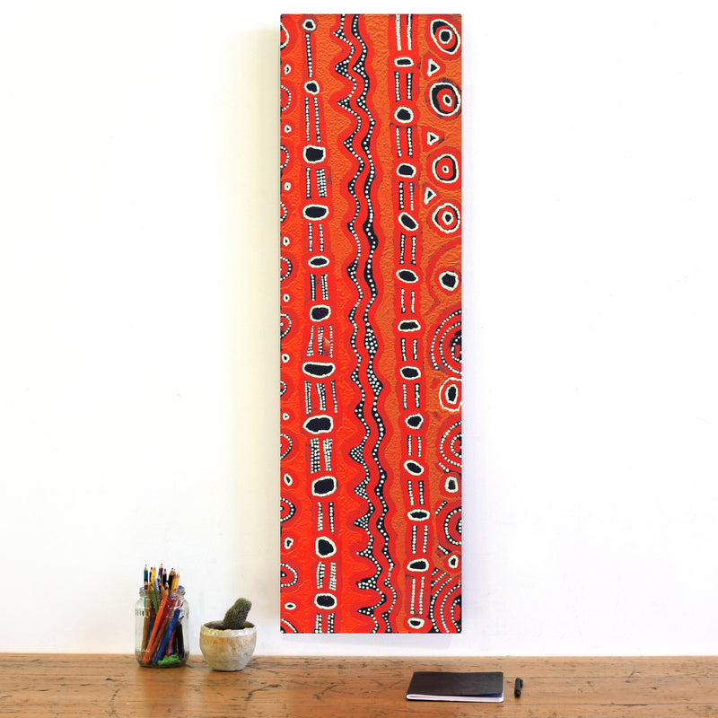 Aboriginal Artwork by Shaimaya Nampijinpa Brown, Luurnpa Jukurrpa (Kingfisher Dreaming) - Lake MacKay, 107x30cm