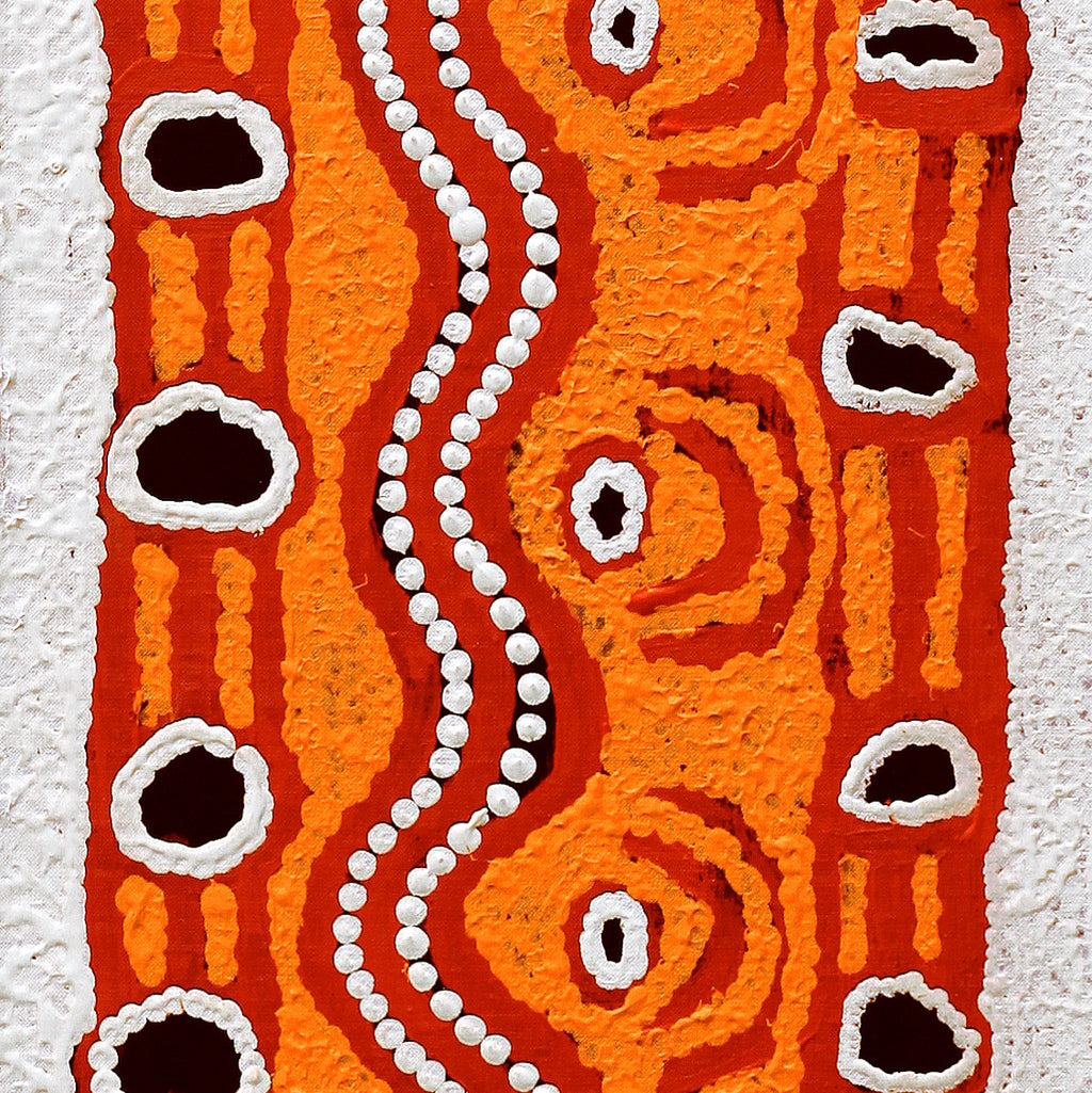 Aboriginal Artwork by Shaimaya Nampijinpa Brown, Luurnpa Jukurrpa (Kingfisher Dreaming) - Lake MacKay, 107x30cm