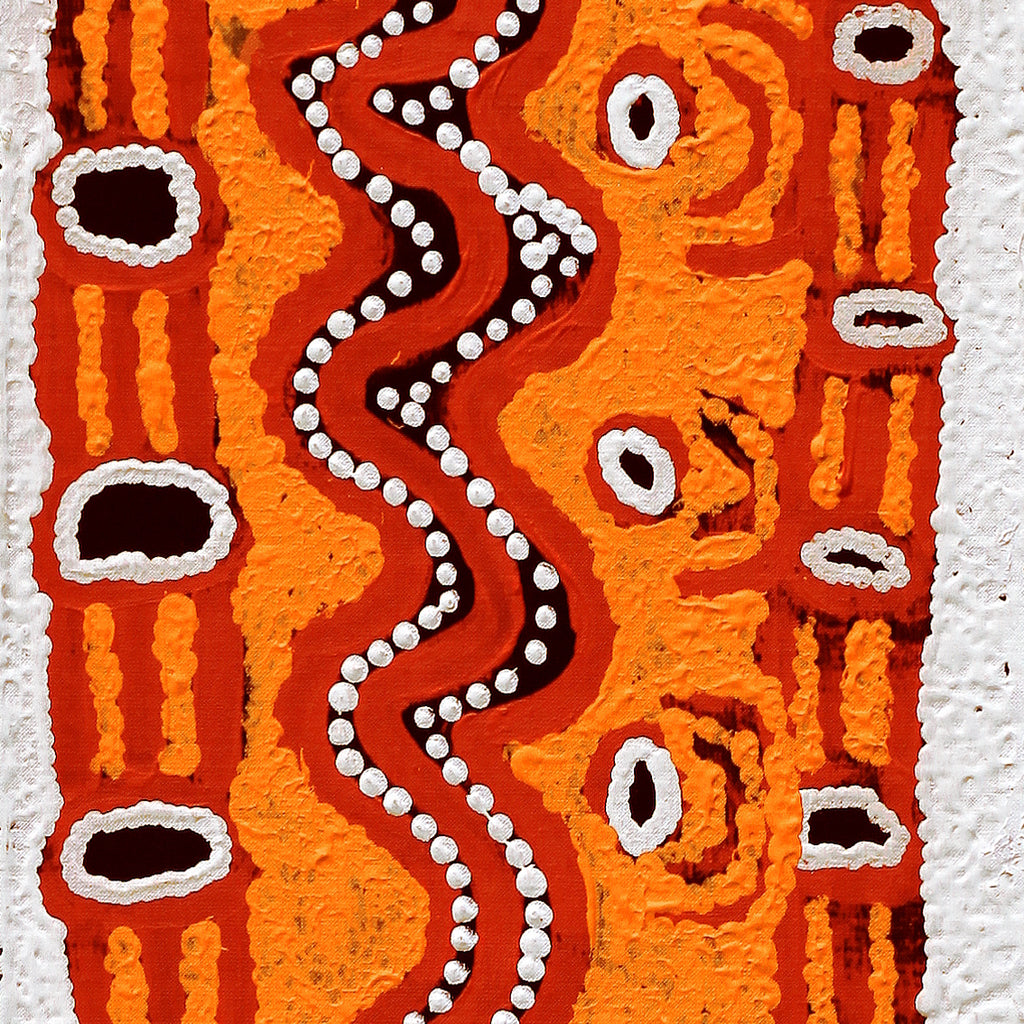 Aboriginal Artwork by Shaimaya Nampijinpa Brown, Luurnpa Jukurrpa (Kingfisher Dreaming) - Lake MacKay, 107x30cm