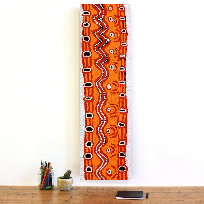 Aboriginal Artwork by Shaimaya Nampijinpa Brown, Luurnpa Jukurrpa (Kingfisher Dreaming) - Lake MacKay, 107x30cm