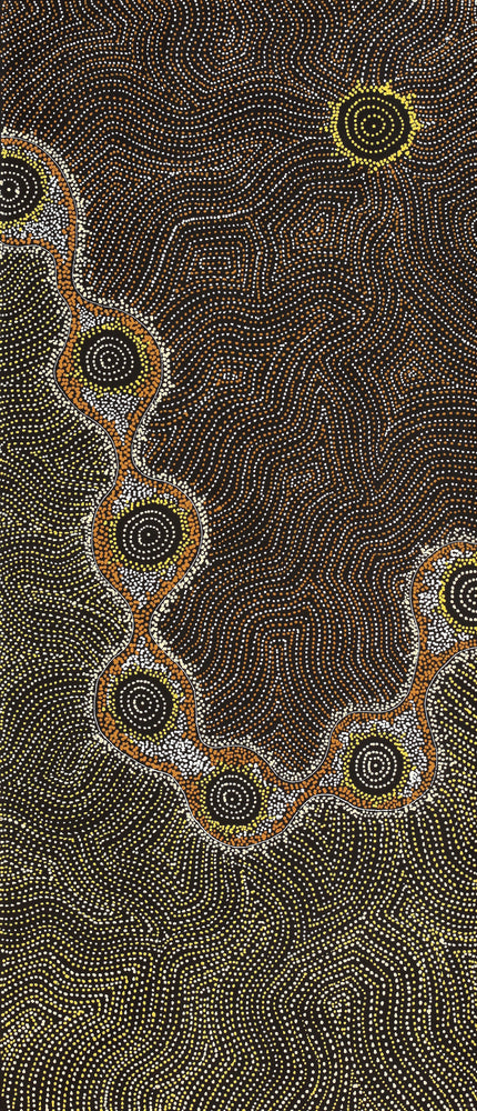 Aboriginal Artwork by Shanna Napanangka Williams, Star or Seven Sisters Dreaming, 107x46cm