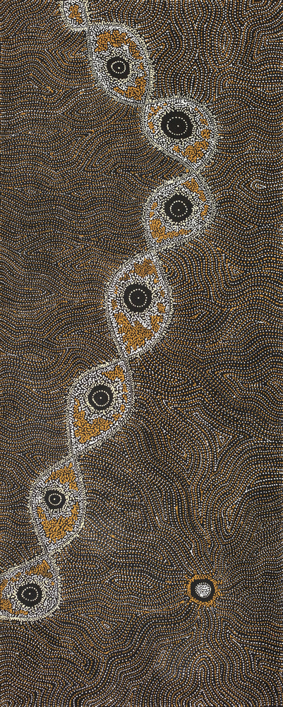 Aboriginal Artwork by Shanna Napanangka Williams, Yanjirlpirri or Napaljarri-Warnu Jukurrpa (Star or Seven Sisters Dreaming), 152x61cm