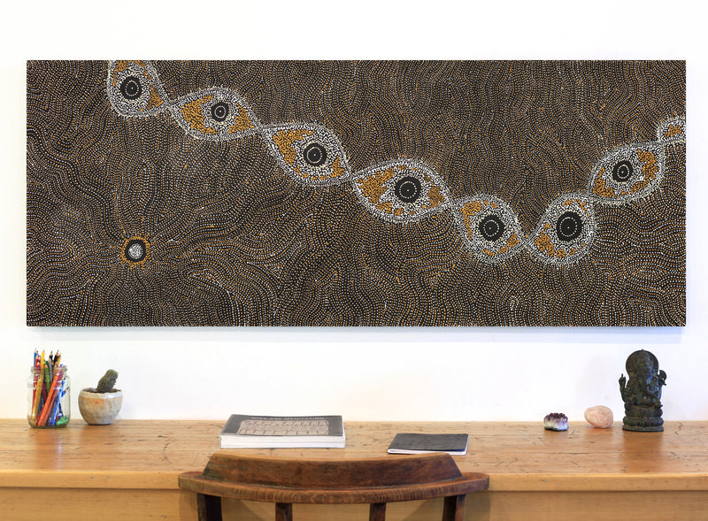 Aboriginal Artwork by Shanna Napanangka Williams, Yanjirlpirri or Napaljarri-Warnu Jukurrpa (Star or Seven Sisters Dreaming), 152x61cm