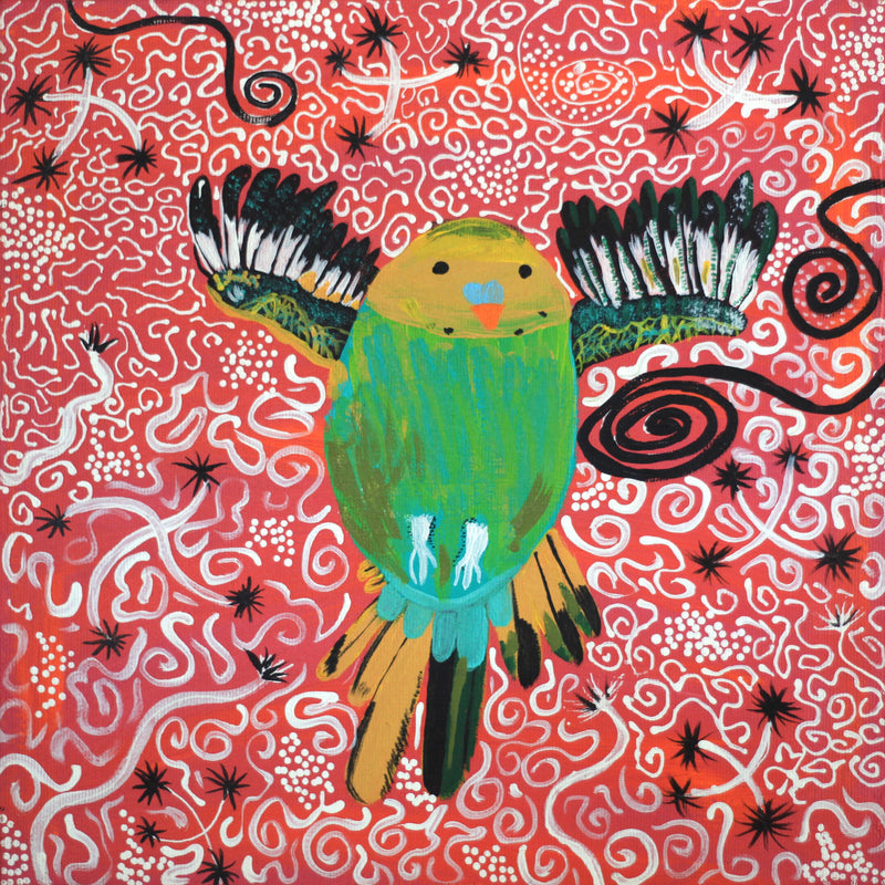 Aboriginal Artwork by Sharlene Nakamarra Nelson, Jurlpu kuja kalu nyinami Yurntumu-wana (Birds that live around Yuendumu), 30x30cm