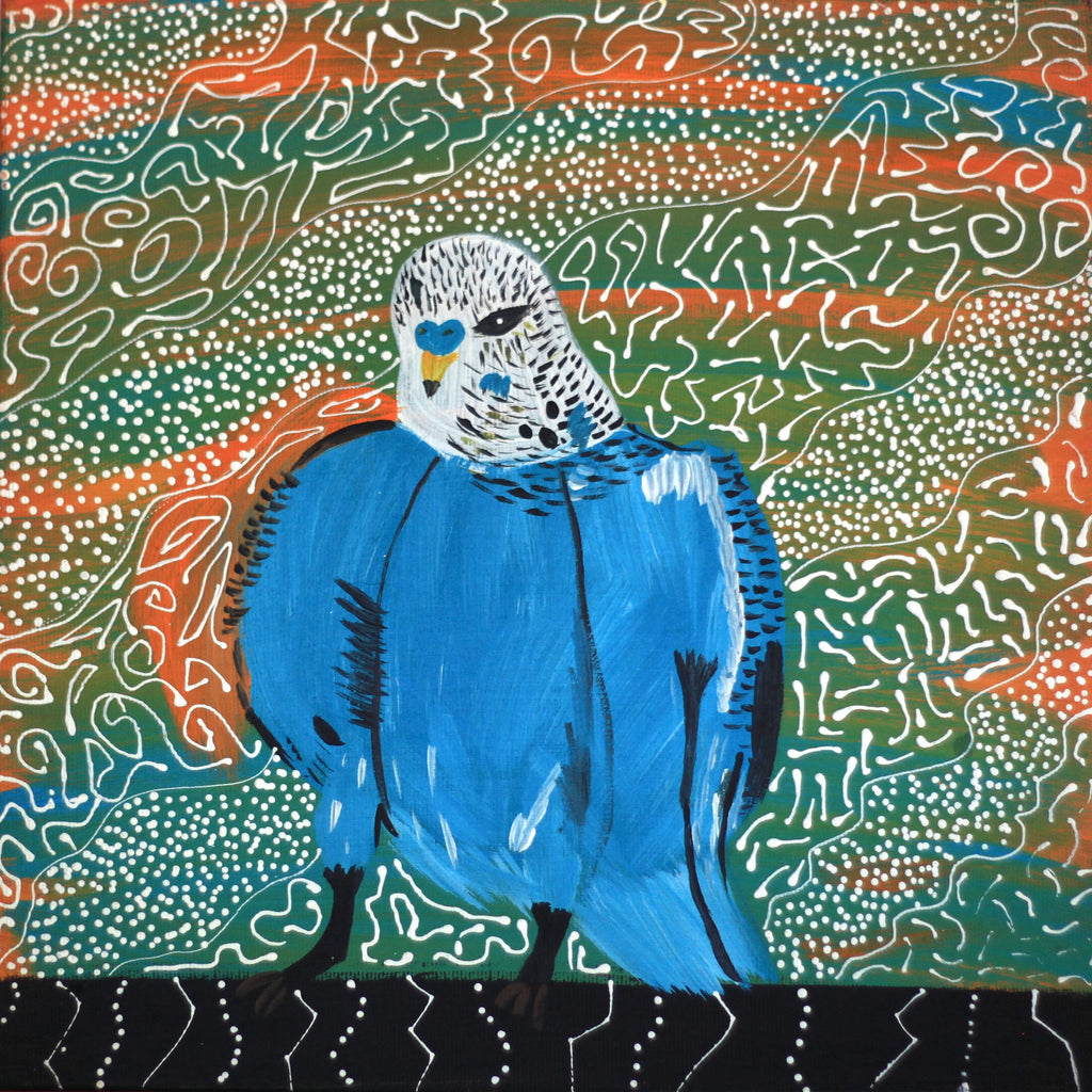 Aboriginal Artwork by Sharlene Nakamarra Nelson, Jurlpu kuja kalu nyinami Yurntumu-wana (Birds that live around Yuendumu), 30x30cm
