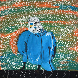 Aboriginal Art by Sharlene Nakamarra Nelson, Jurlpu kuja kalu nyinami Yurntumu-wana (Birds that live around Yuendumu), 30x30cm - ART ARK®