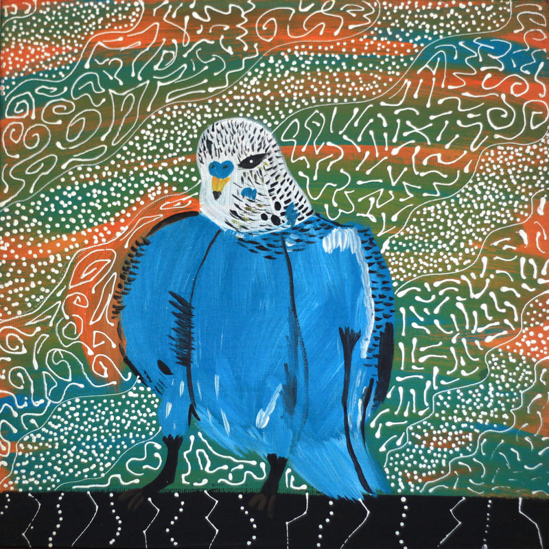 Aboriginal Artwork by Sharlene Nakamarra Nelson, Jurlpu kuja kalu nyinami Yurntumu-wana (Birds that live around Yuendumu), 30x30cm