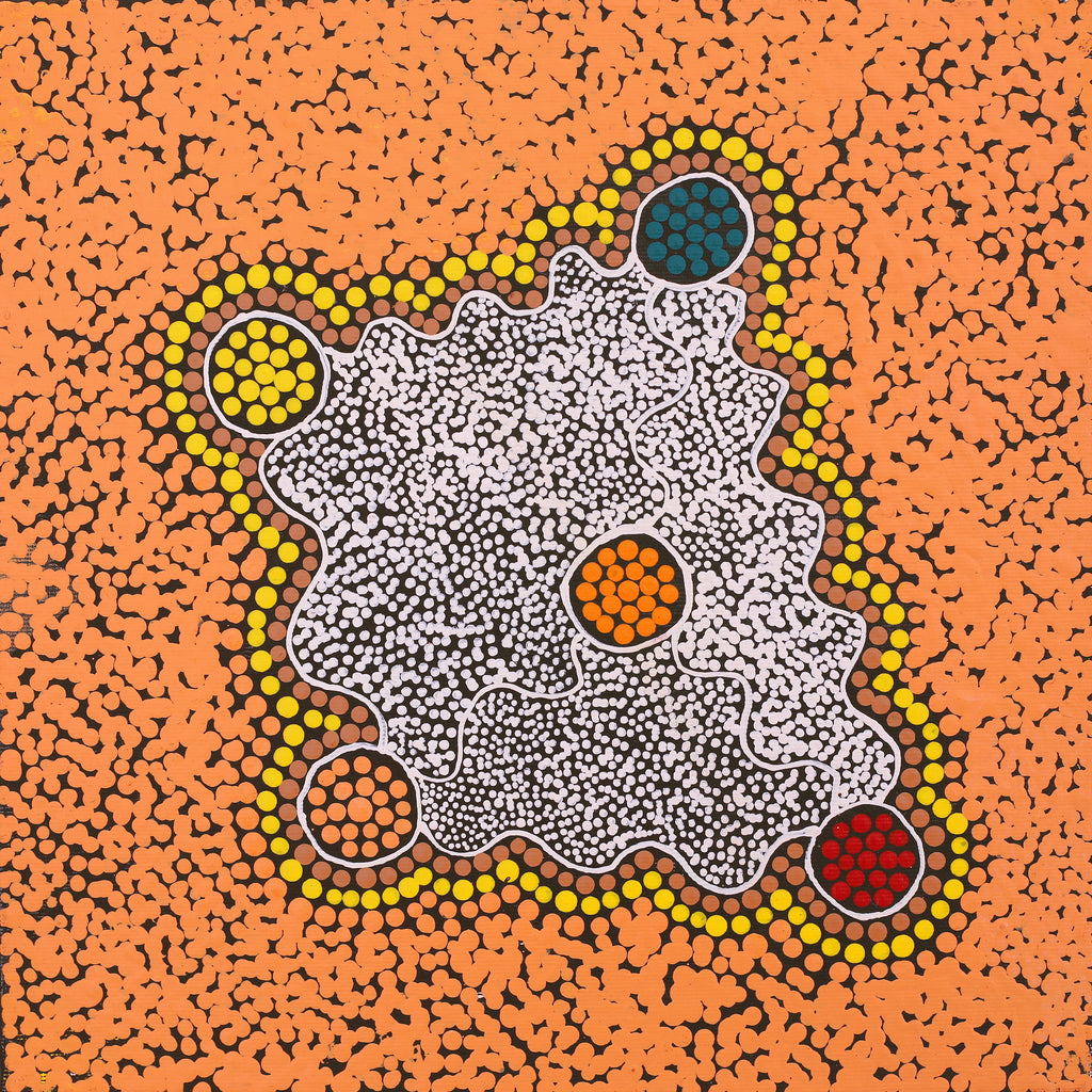 Aboriginal Artwork by Shemaiah Napanangka Granites, Mina Mina Jukurrpa, 30x30cm