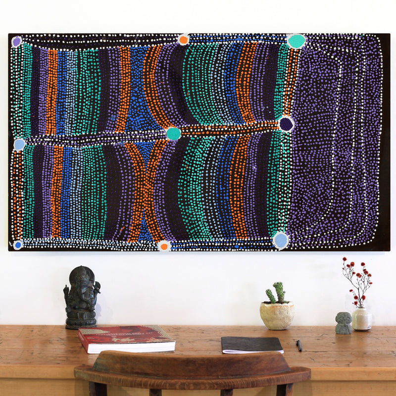 Aboriginal Artwork by Sheree Napurrurla Wayne, Lukarrara Jukurrpa (Desert Fringe-rush Seed Dreaming), 107x61cm