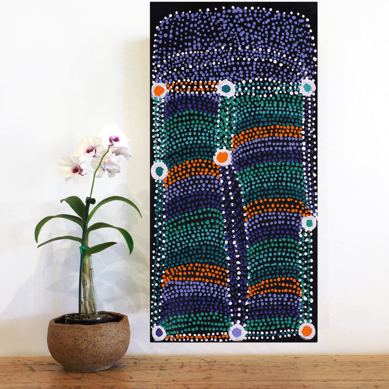 Aboriginal Artwork by Sheree Napurrurla Wayne, Lukarrara Jukurrpa (Desert Fringe-rush Seed Dreaming), 61x30cm