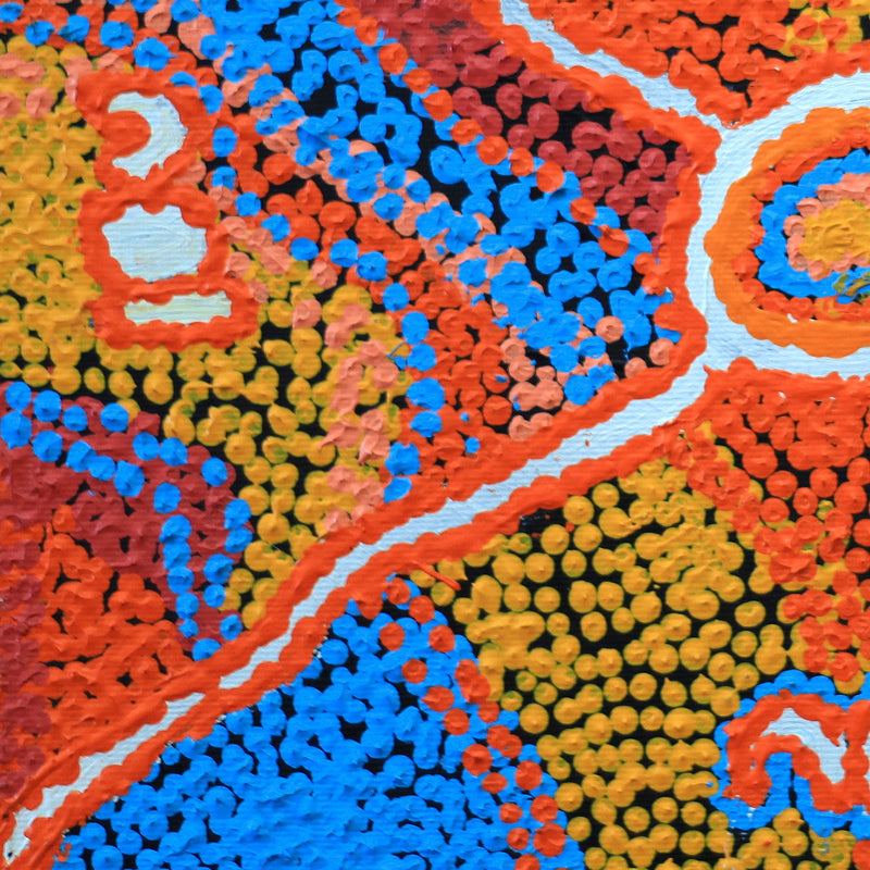 Aboriginal Artwork by Sheree Napurrurla Wayne, Karnta Jukurrpa Lukarrara Jukurrpa (Desert Fringe-rush Seed Dreaming), 30x30cm